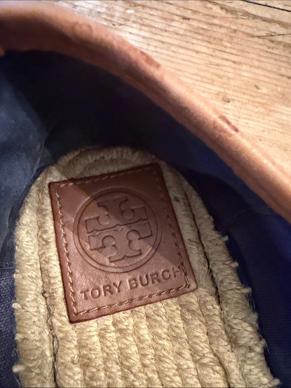Tory Burch ‘Shaw’ Canvas and Jute Fray edge Logo Espadrille Flats Navy Cream - Picture 5 of 10